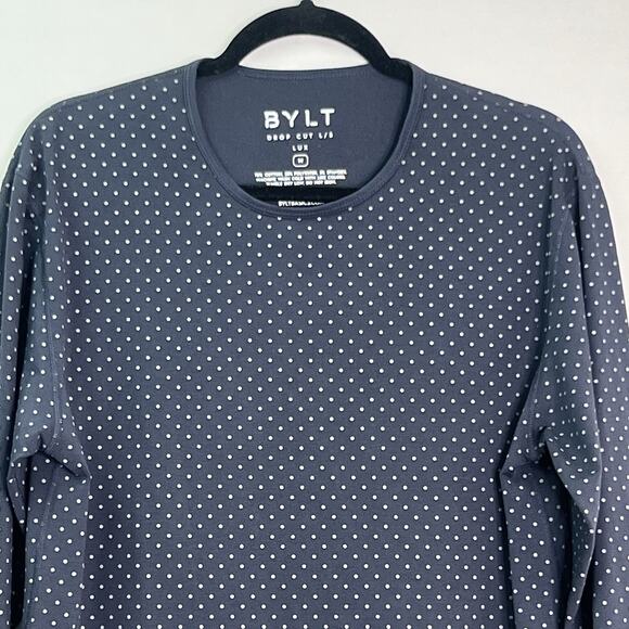 BYLT Mens Black Polka Dot Drop Cut Long Sleeve Shirt Size M Stretch Classic Gym - Picture 3 of 12